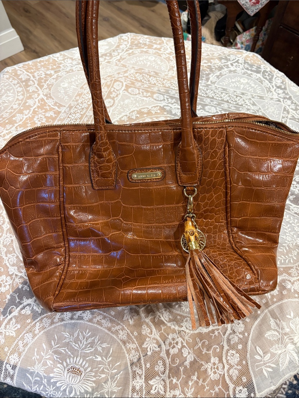 Anne Klein Cognac Croc-Embossed Tote with Tassel Charm